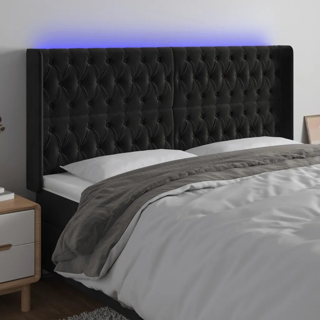 Testiera A Led Nera 183x16x118/128 Cm İn Velluto /