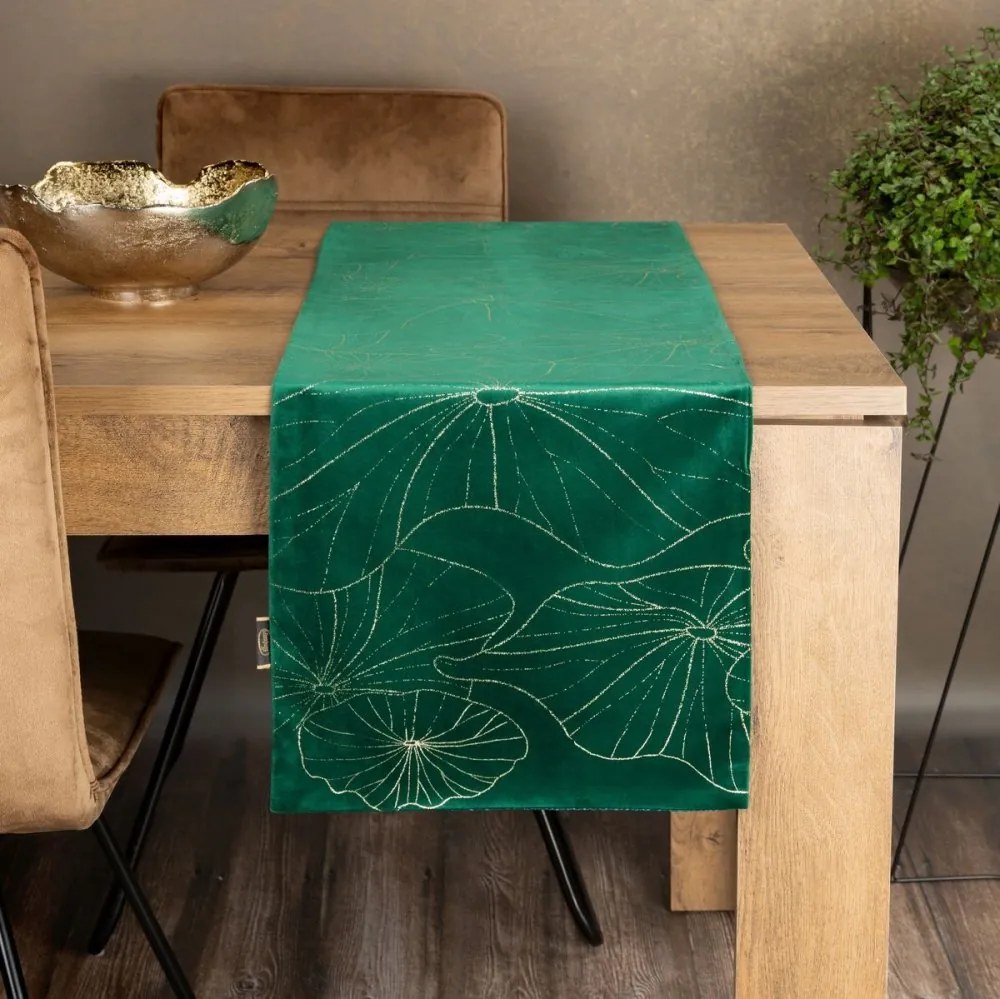 Tovaglia centrale in velluto verde con stampa floreale Larghezza: 35 cm | Lunghezza: 140 cm