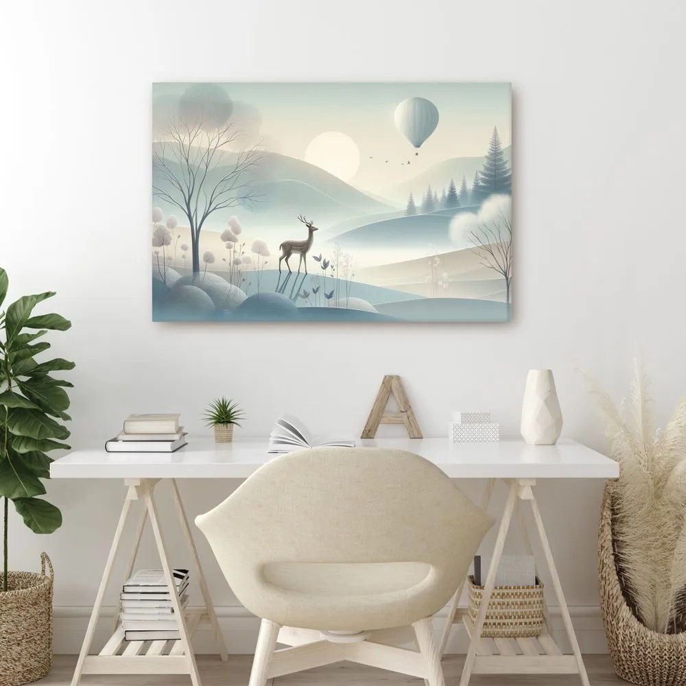Quadro su tela – Cervo nella valle nebbiosa all’alba