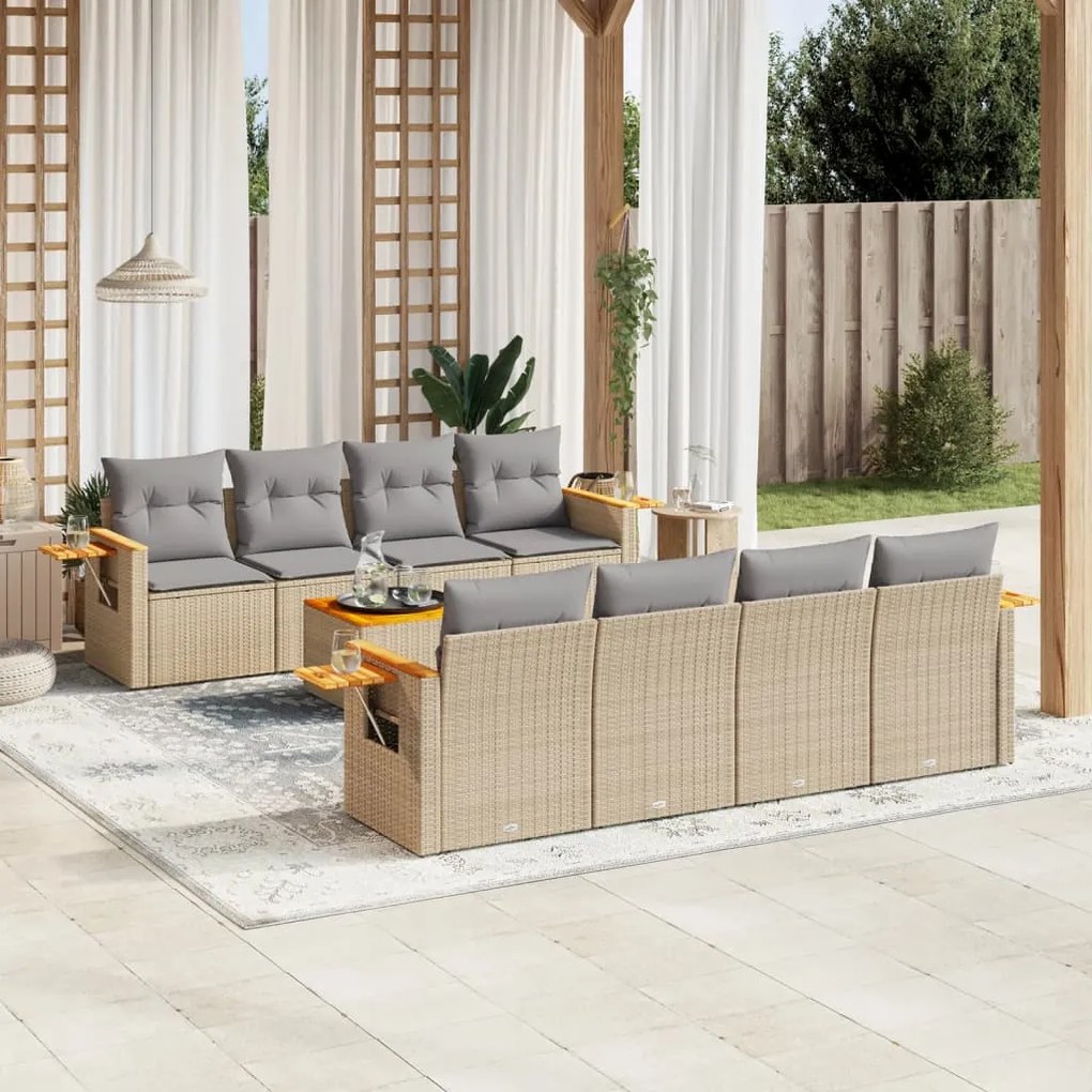 Set divano da giardino 9 pz con cuscini beige in polyrattan