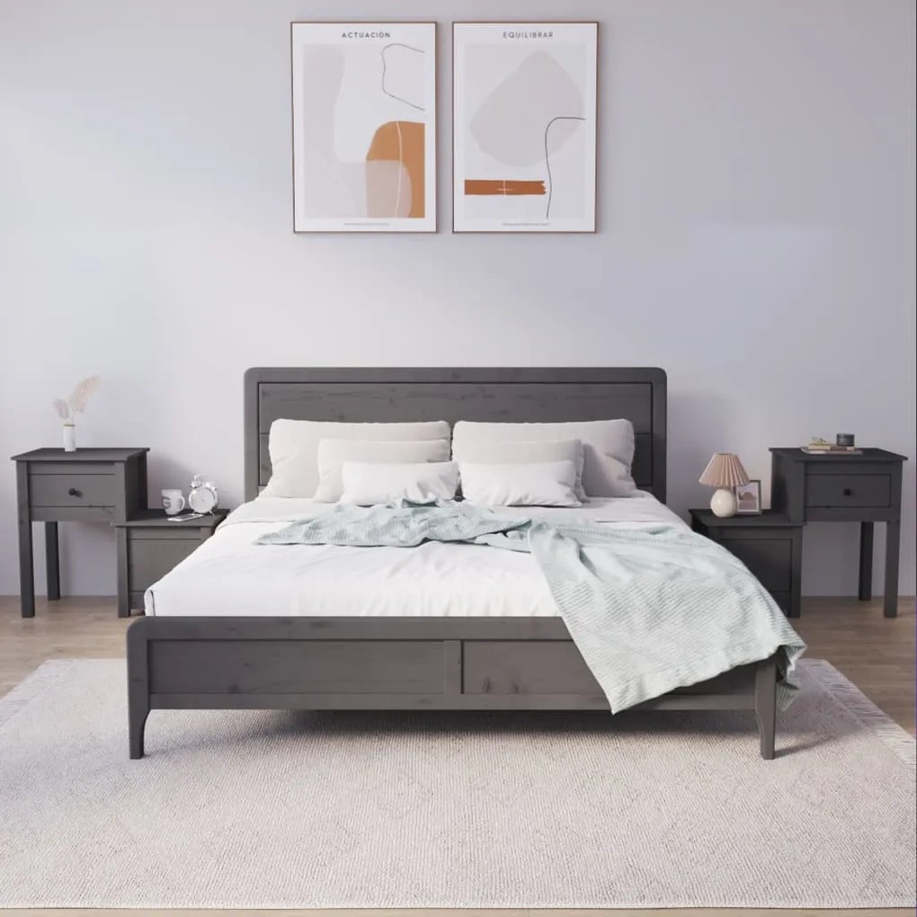 Comodini 2 Pz Grigi 79,5x38x65,5 Cm İn Legno Massello Di Pino /