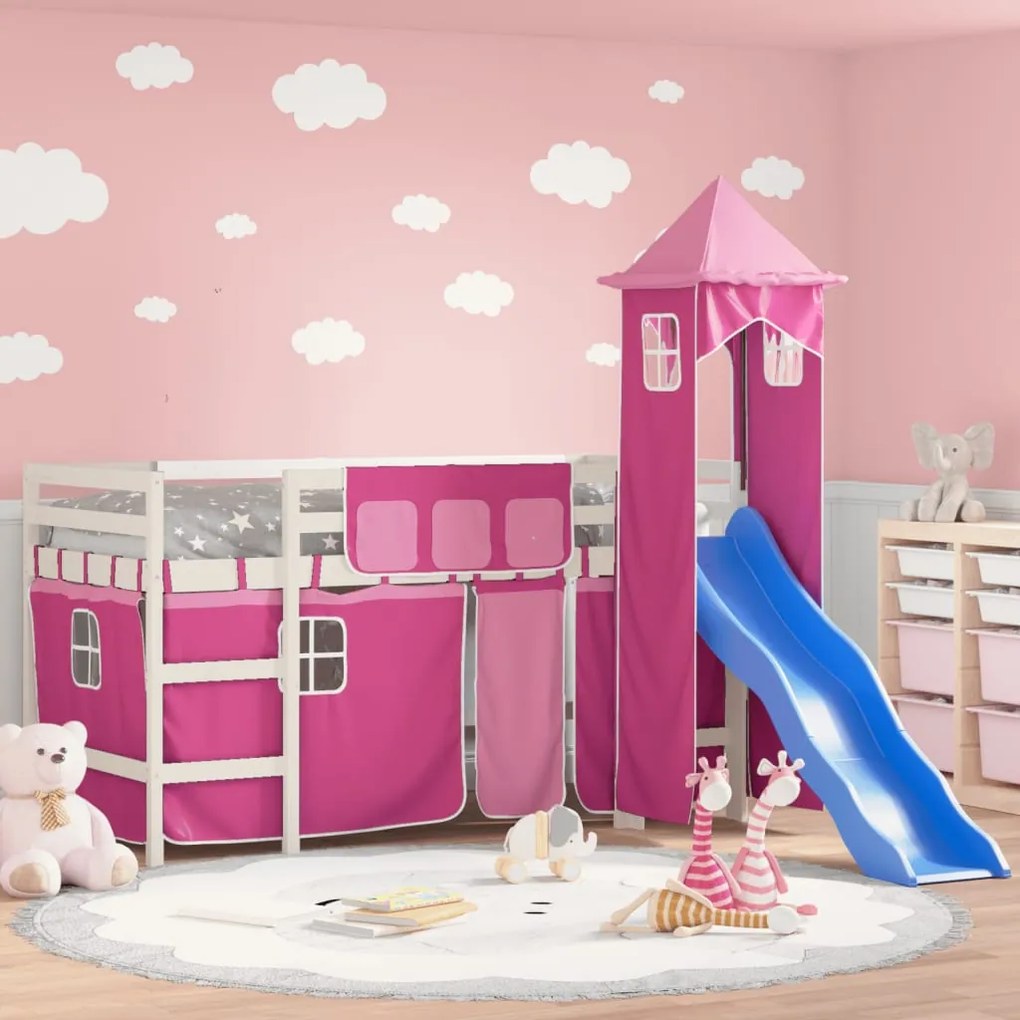 Letto A Soppalco Con Torre Bambini Rosa 80x200cm Massello Pino /