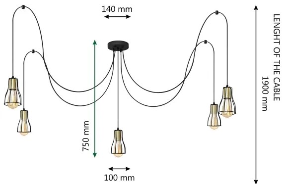 Lampadario a sospensione con filo TUBE 5xE27/15W/230V ragno nero/oro