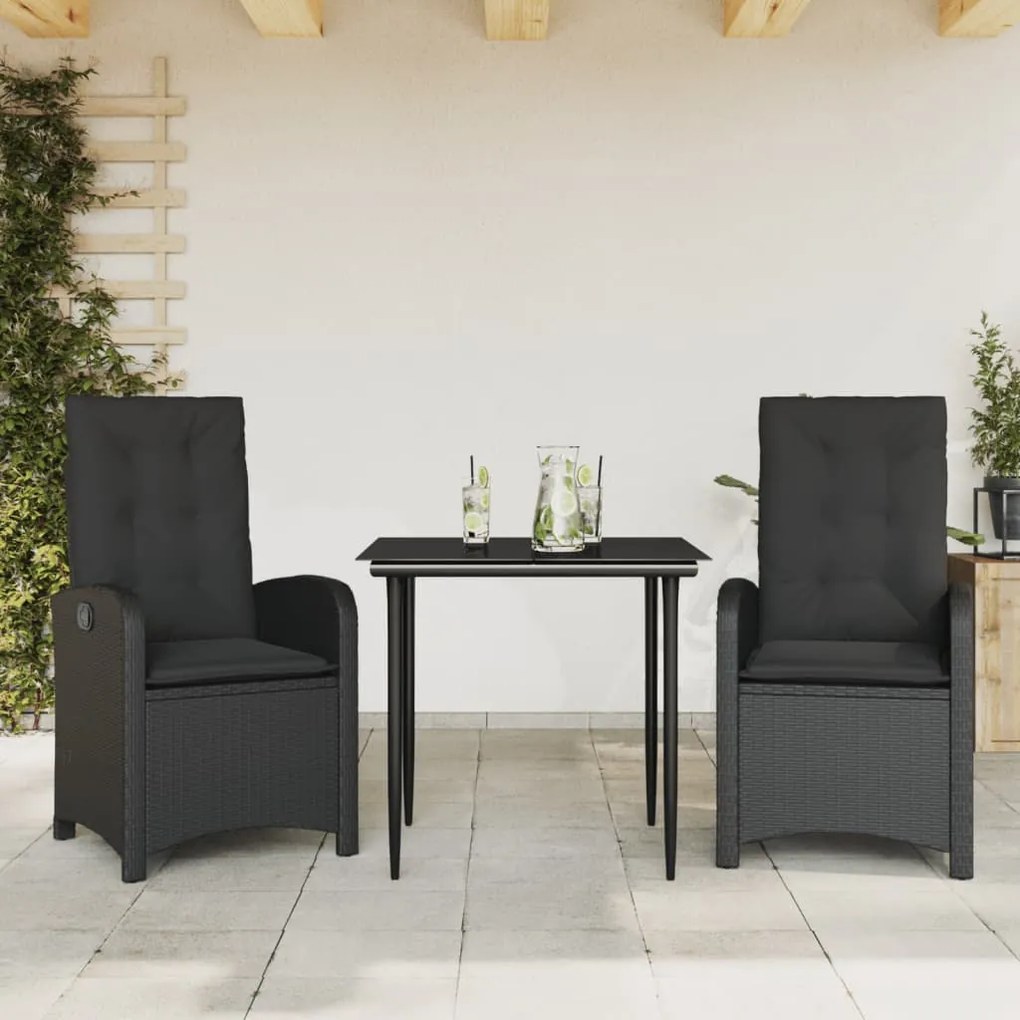 Set da pranzo da giardino 3 pz con cuscini nero in polyrattan