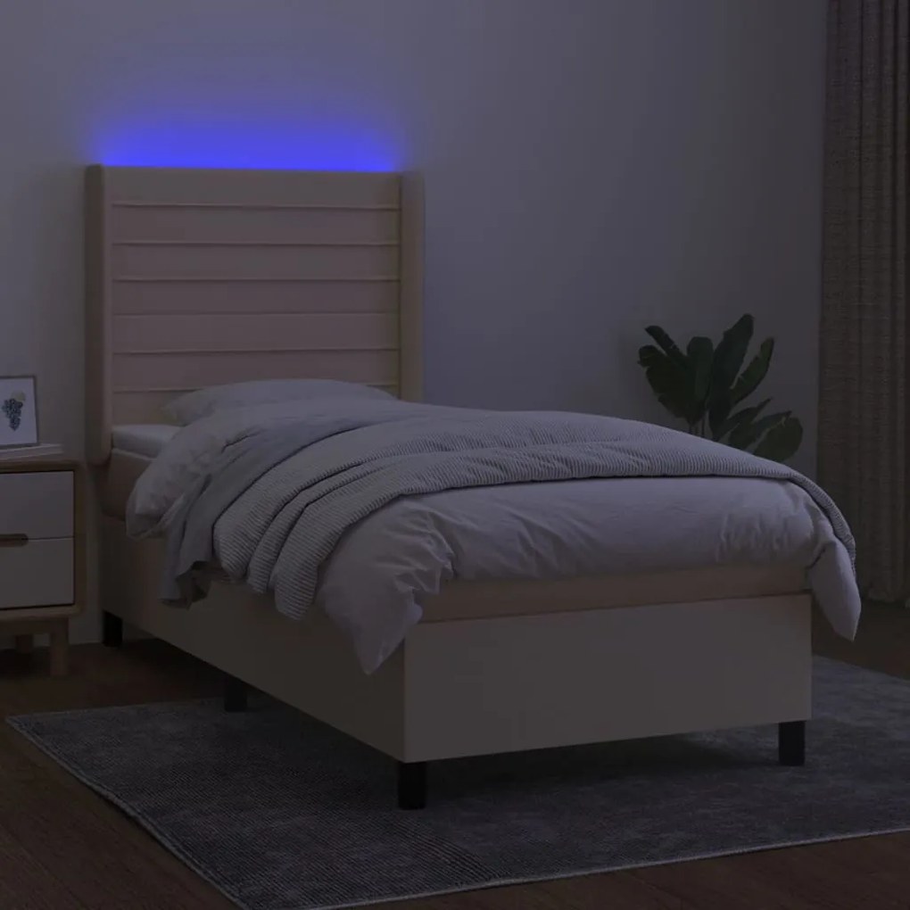 Letto a molle con materasso e led crema 80x200 cm in tessuto