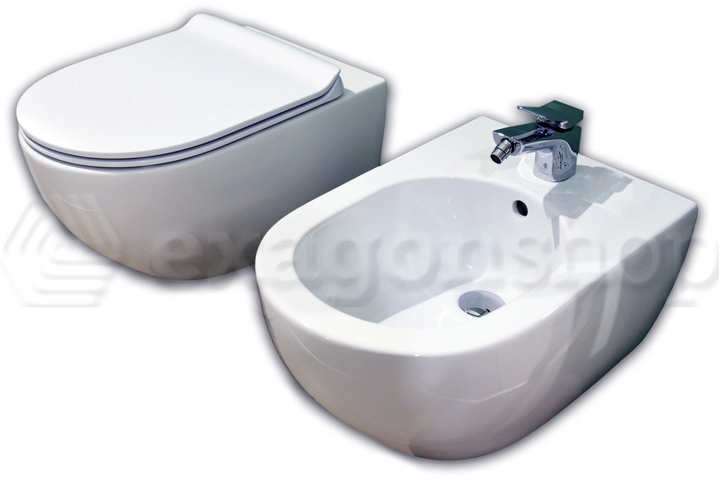 App Coppia sanitari Vaso e Bidet Sospesi con Sedile wc slim Rallentato Bianco