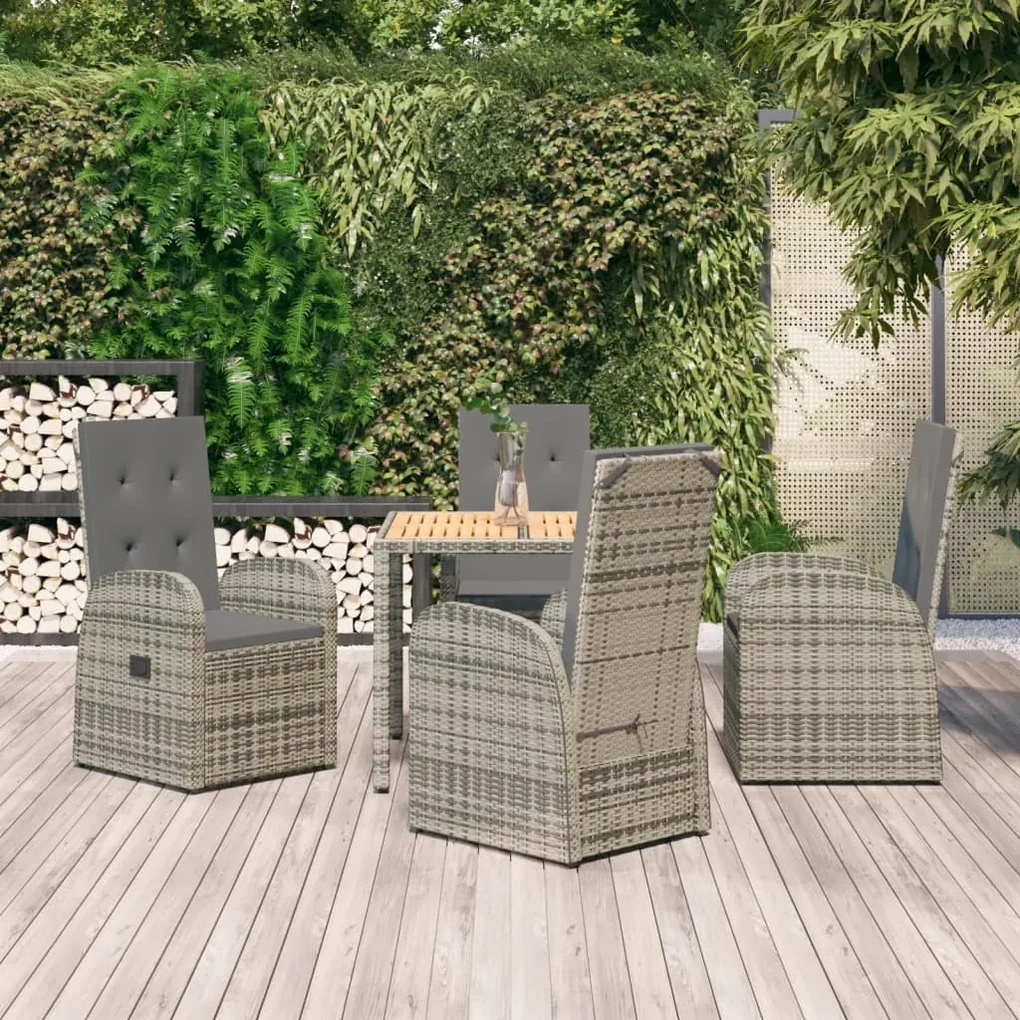 Set da pranzo da giardino 5 pz con cuscini in polyrattan grigio