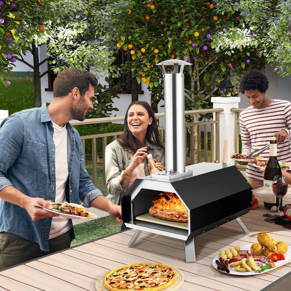 Costway Forno per pizza in acciaio inox con pietra per pizza gambe pieghevoli, Grill a legna portatile per pizza Nero