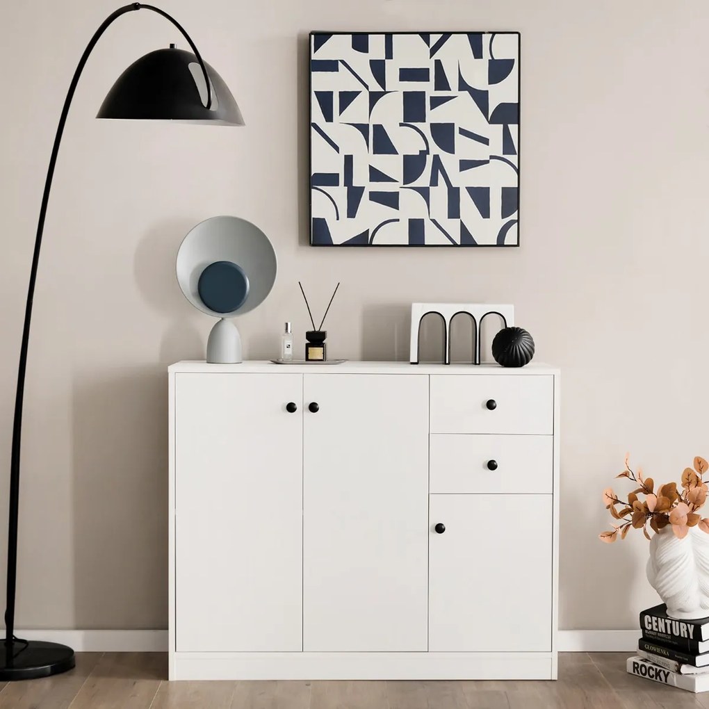 Costway Credenza moderna con 2 cassetti estraibili 3 antes caffale regolabile, Mobile di stoccaggio per cucina Bianco