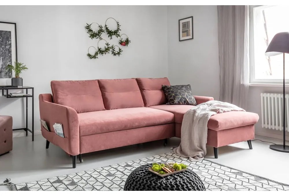 Divano letto angolare in velluto rosa, angolo destro Stylish Stan - Miuform
