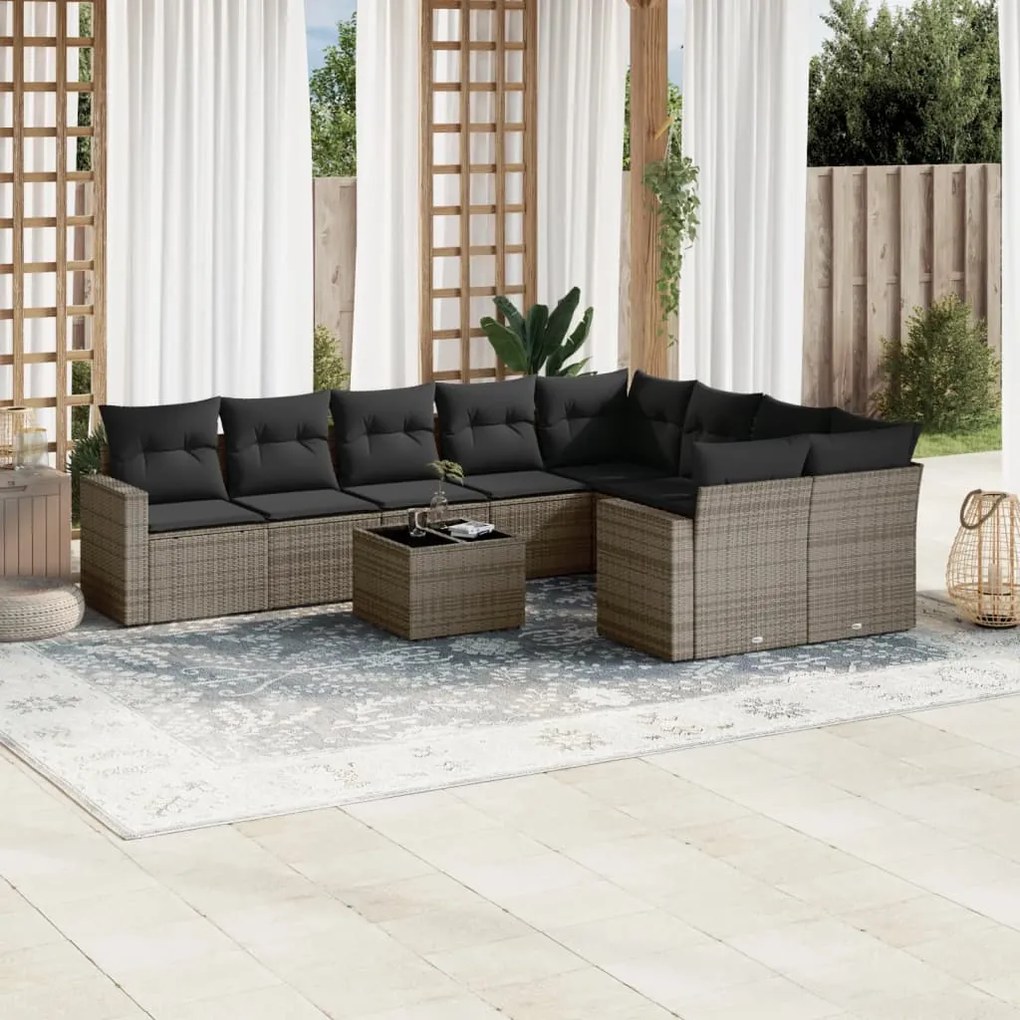 Set Divano da Giardino 10 pz con Cuscini Grigio in Polyrattan