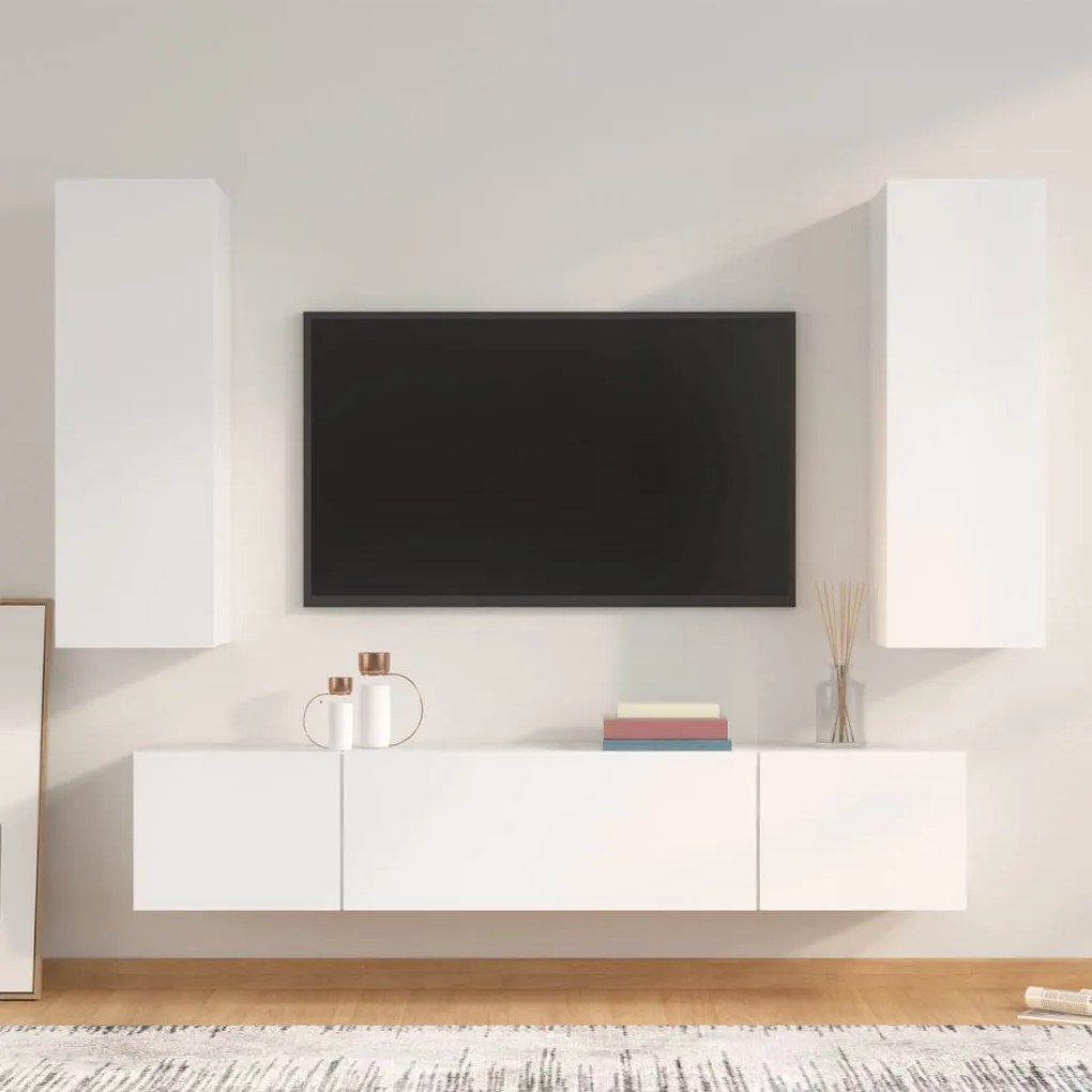 Set Di Mobili Porta Tv 4 Pz Bianco İn Legno Multistrato /