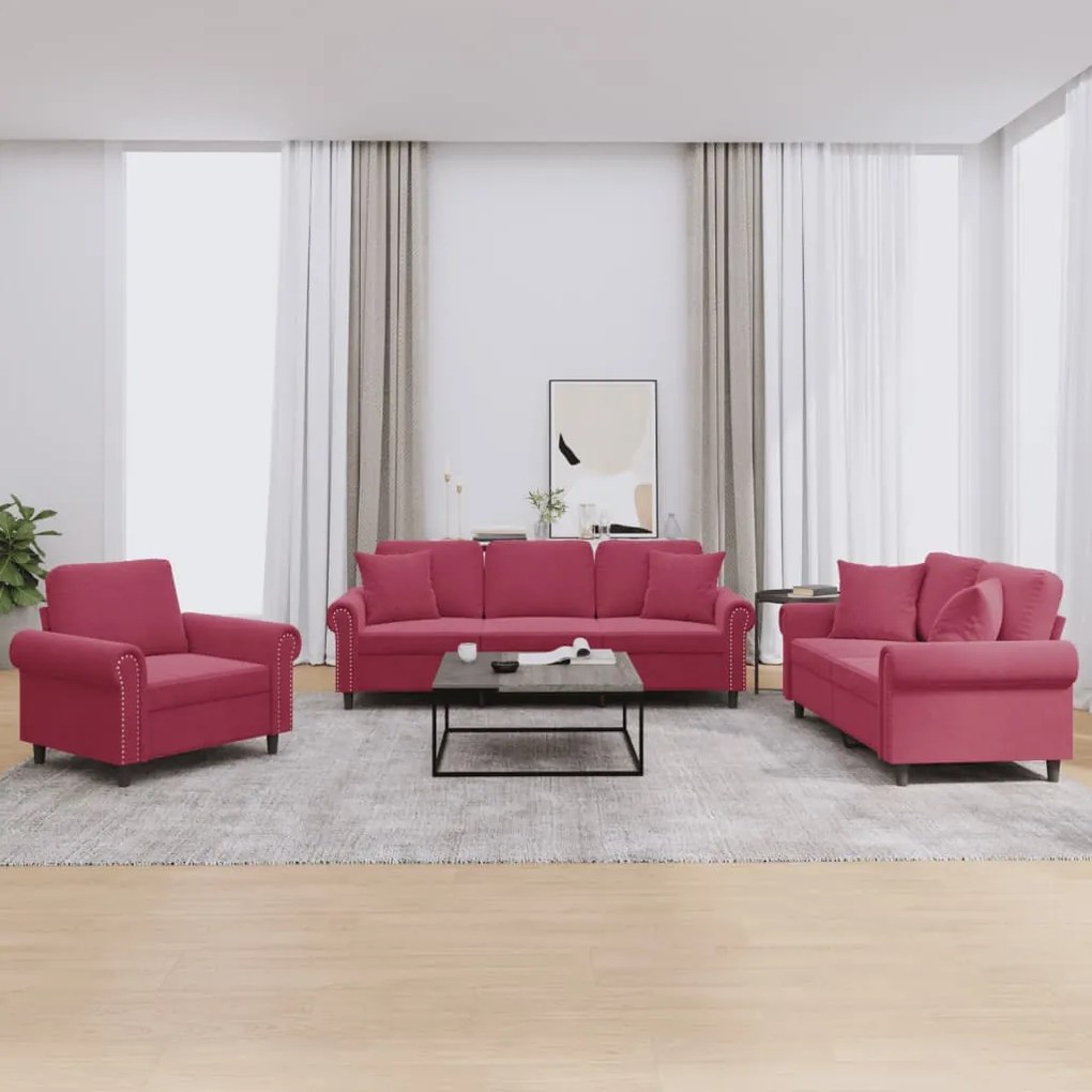Set Di Divani 3 Pz Con Cuscini Rosso Vino İn Velluto /