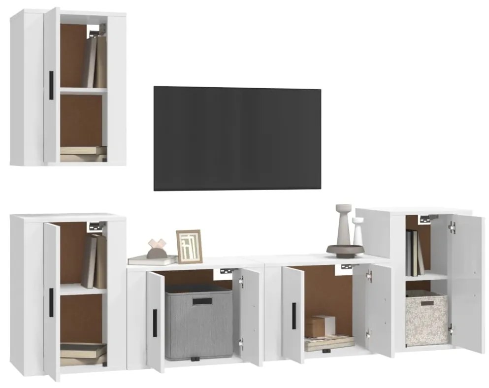 Set di mobili porta tv 5 pz bianco lucido in legno multistrato