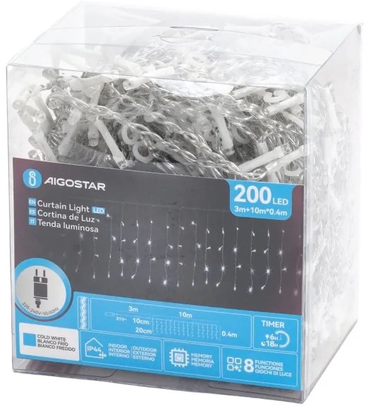 Aigostar - Catena luminosa natalizia LED per esterni 200xLED/3,6W/230V/8 funzioni 10x0,4m IP44 bianco freddo