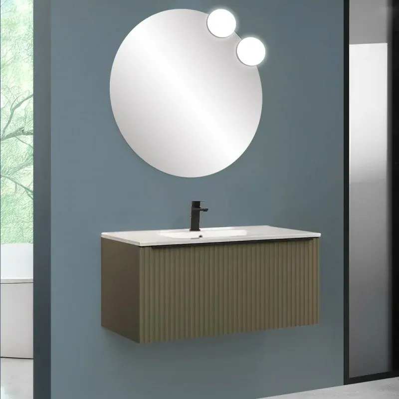 Mobile bagno sospeso 90 cm verde opaco cannettato con cassetto, specchio e lavabo Nara