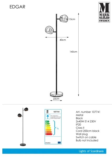 Markslöjd 107741 - Lampada da terra EDGAR 2xE14/40W/230V