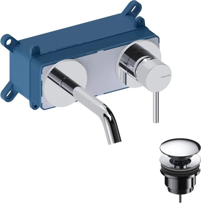 Rubinetto per lavabo a parete bocca 14cm LOOP cromo spazzolato SANYCCES con piletta