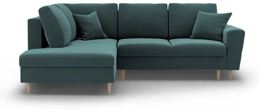 Divano angolare color petrolio allungabile e con contenitore (con penisola a sinistra/a L) con rivestimento in velluto Kyoto – Cosmopolitan Design