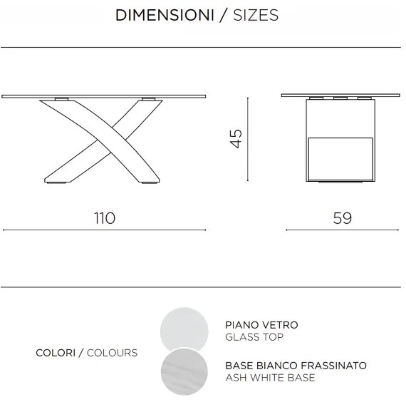 Tavolino piano in vetro ovale TITO con base color BIANCO FRASSINO