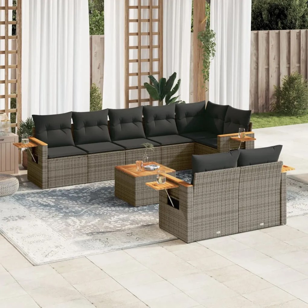 Set divano da giardino 9 pz con cuscini grigio in polyrattan