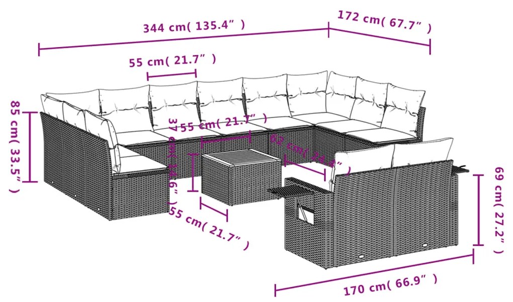 Set Divani da Giardino 13pz con Cuscini Nero in Polyrattan