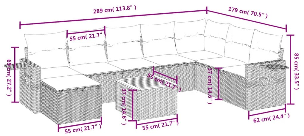 Set divano da giardino 9 pz con cuscini beige misto polyrattan