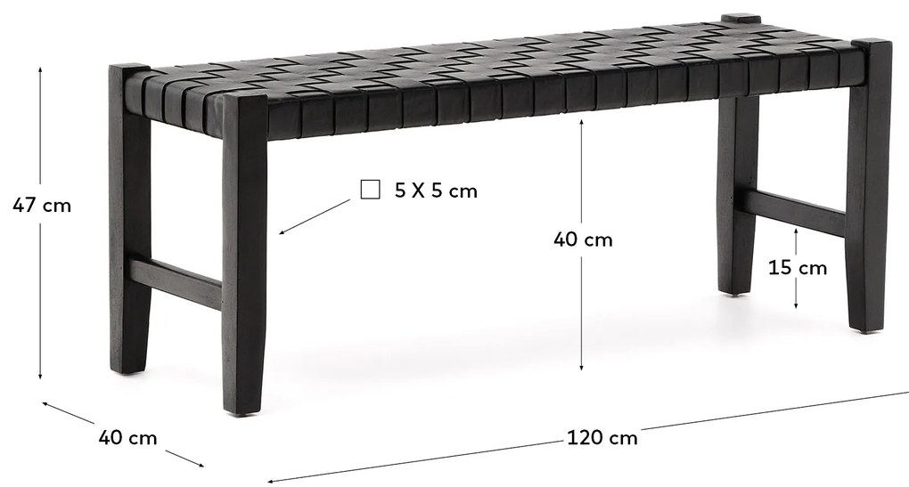 Kave Home - Panca Calixta in pelle e legno massello di mogano con finitura nera 120 cm