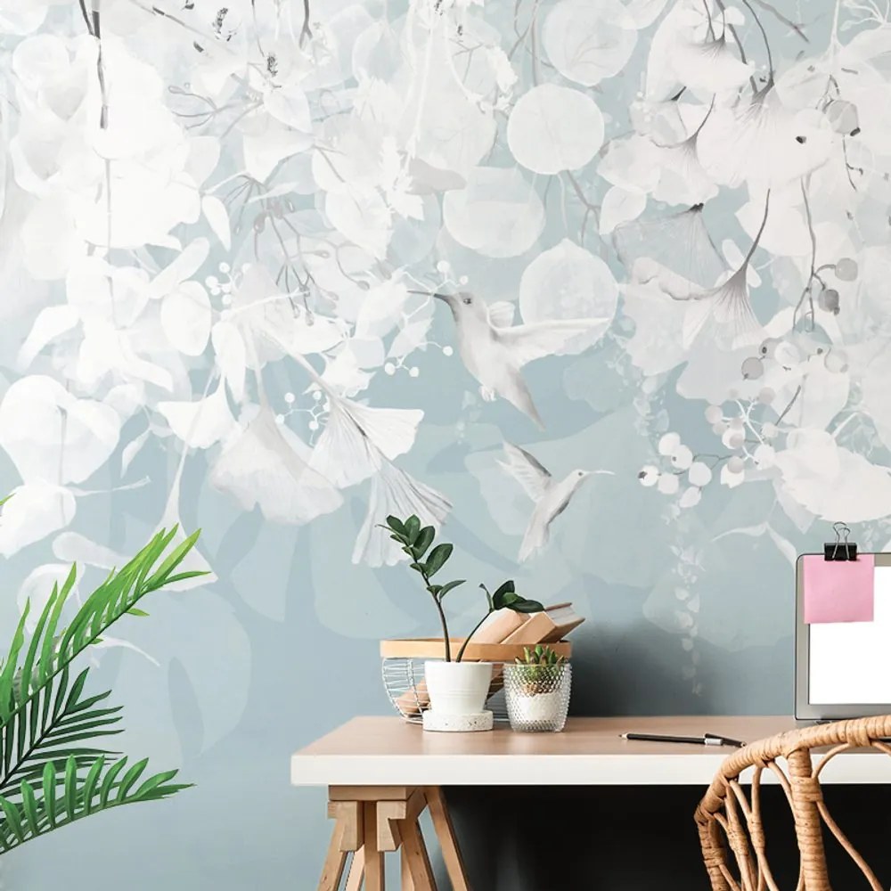 Carta da parati – Foglie con Colibrì in Blu-Grigio