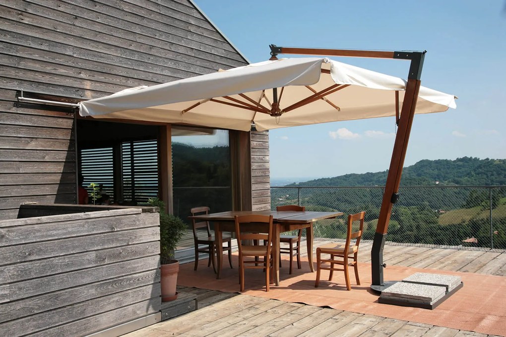 Ombrellone da Giardino Decentrato 3,5x3,5m in Legno Telo in Acrilico con Balza Danieli San Francisco Ecrù...