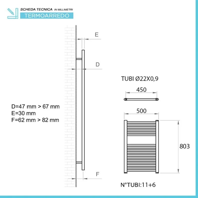 Termoarredo radiatore verticale bianco L 50x80 interasse 45 cm