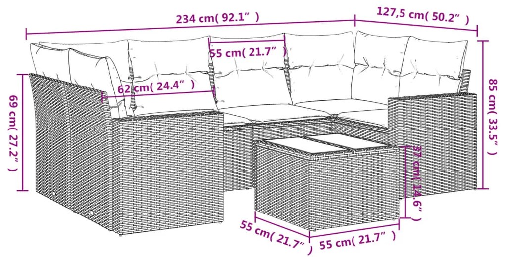 Set Divani da Giardino 7 pz con Cuscini Grigio in Polyrattan