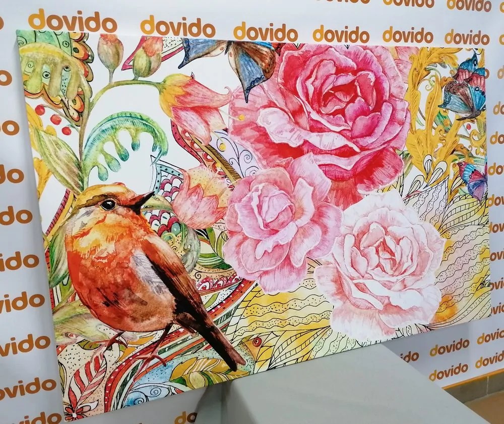 Quadro su tela – Uccellino vintage con fiori