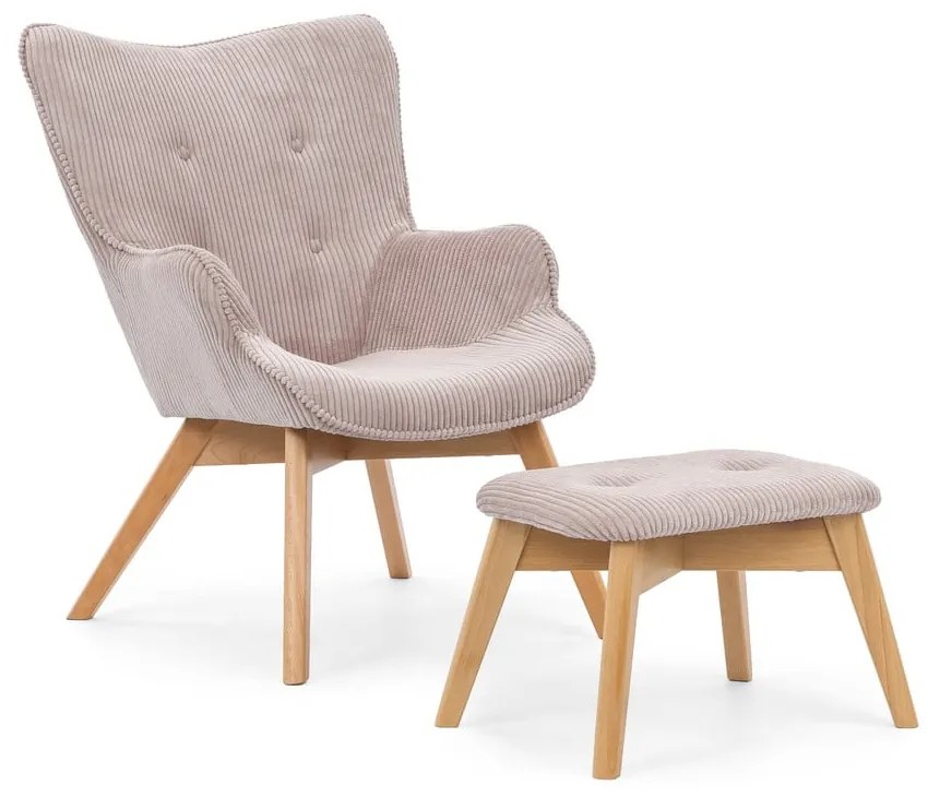 Poltrona con poggiapiedi rosa chiaro con rivestimento in velluto a coste Niko – Ropez