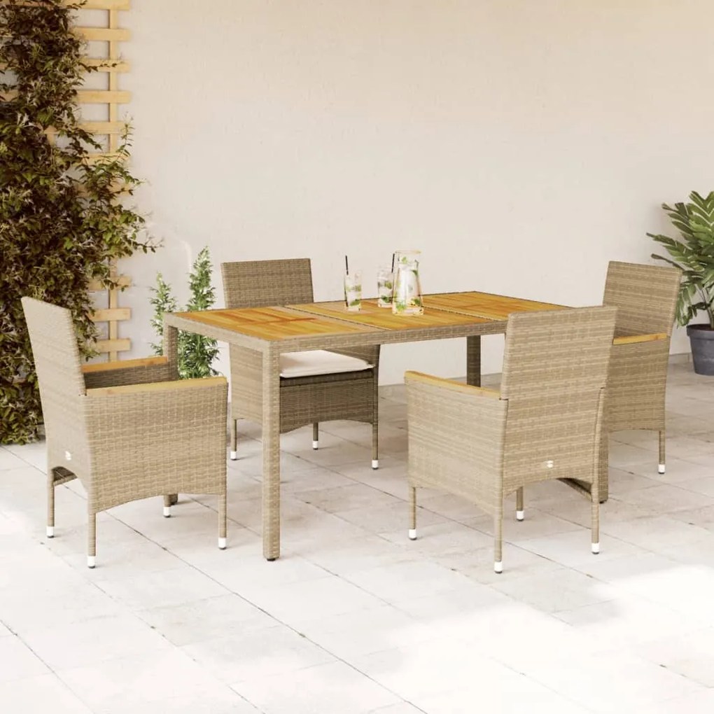 Set pranzo da giardino 5 pz con cuscini beige polyrattan acacia