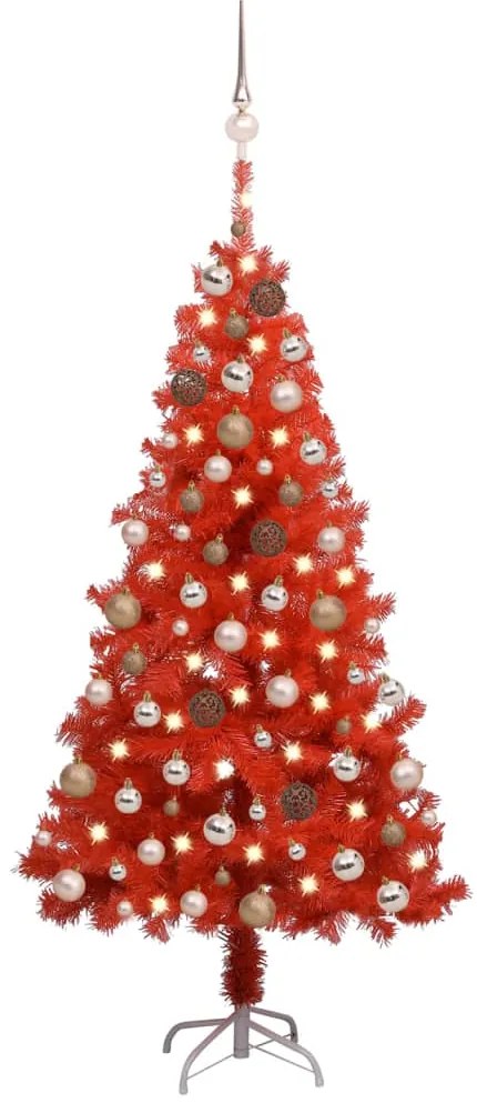 Albero di Natale Preilluminato Sottile con Palline Rosso 150 cm PVC, Albero di Natale Preilluminato con Palline Rosso 150 cm PVC II