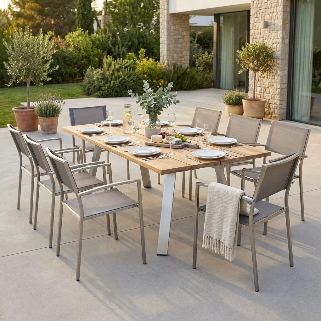 SALTUS - set tavolo in alluminio e teak cm 200 x 100 x 74 h con 8 poltrone Florentia