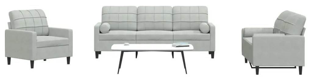 Set Di Divani 3 Pz Con Cuscini E Rinforzi Grigio Chiaro Velluto /