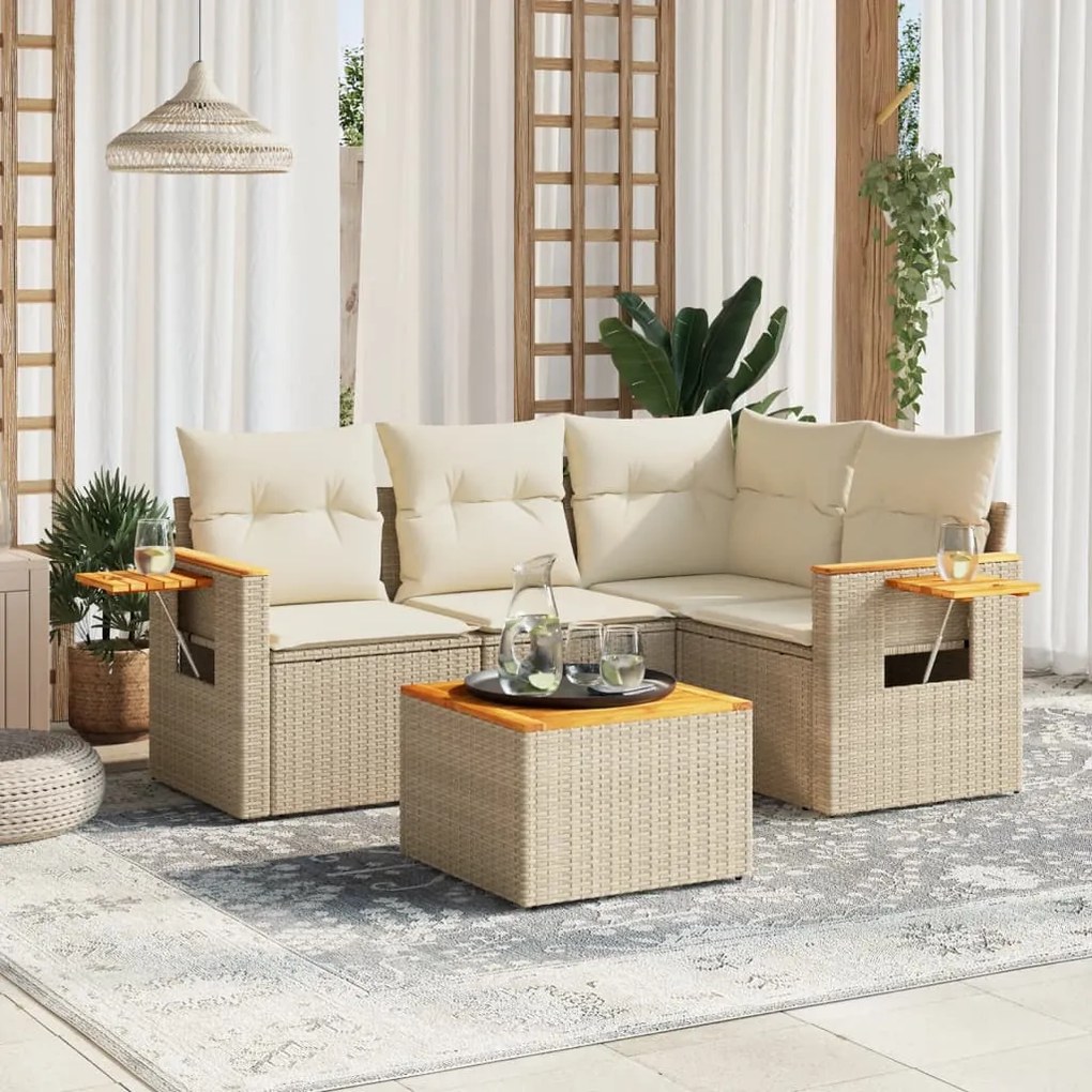 Set Divano da Giardino 5 pz con Cuscini Beige in Polyrattan