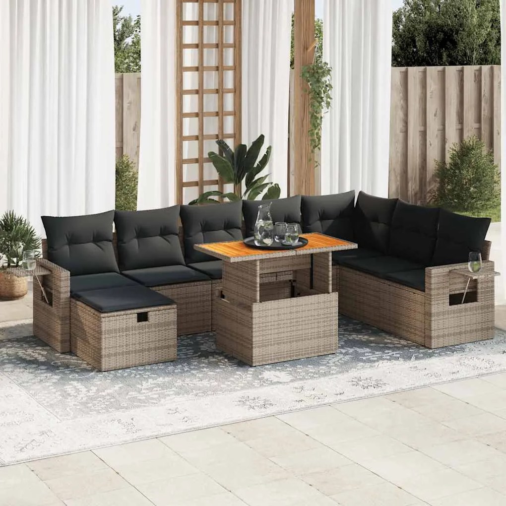 Set divano da giardino 9pz con cuscini grigio polyrattan acacia