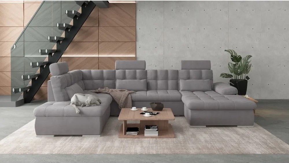 Divano angolare grigio allungabile e con contenitore (con penisola a sinistra/a U) Merkur – Ropez