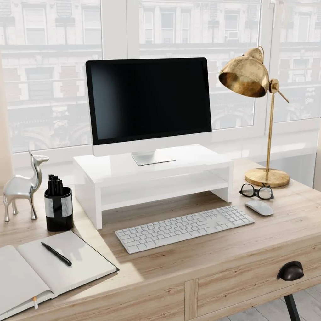Supporto Monitor Bianco Lucido 42x24x13 Cm İn Legno Multistrato /