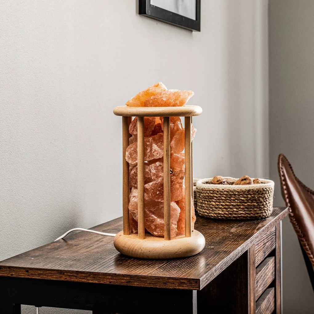 Lampada di sale Envostar Harmony con gabbia in legno chiaro