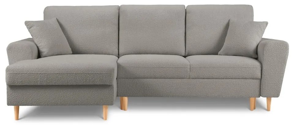 Divano angolare grigio chiaro allungabile e con contenitore (con penisola a sinistra/con chaise lounge) con rivestimento in bouclé Kyoto – Cosmopolitan Design