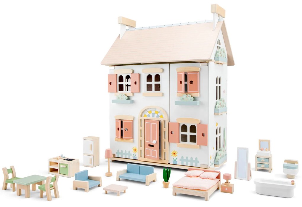 Casa delle bambole in legno con arredamento