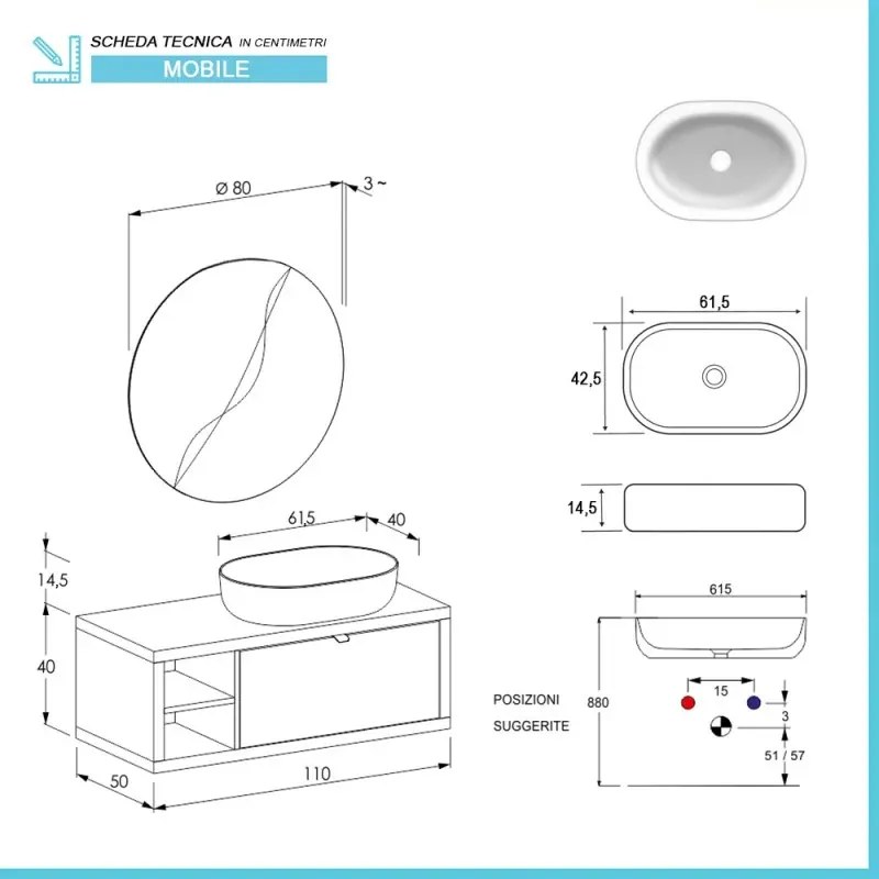 Mobile bagno sospeso 110 cm rovere miele Master lavabo 42,5 e specchio 80