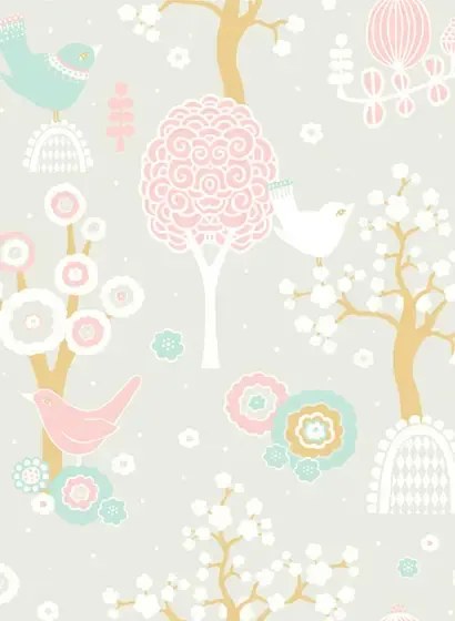 Majvillan Carta da parati Cherry Valley - Soft Grey/ Pink/ Turquoise/ Brown/ Cream White