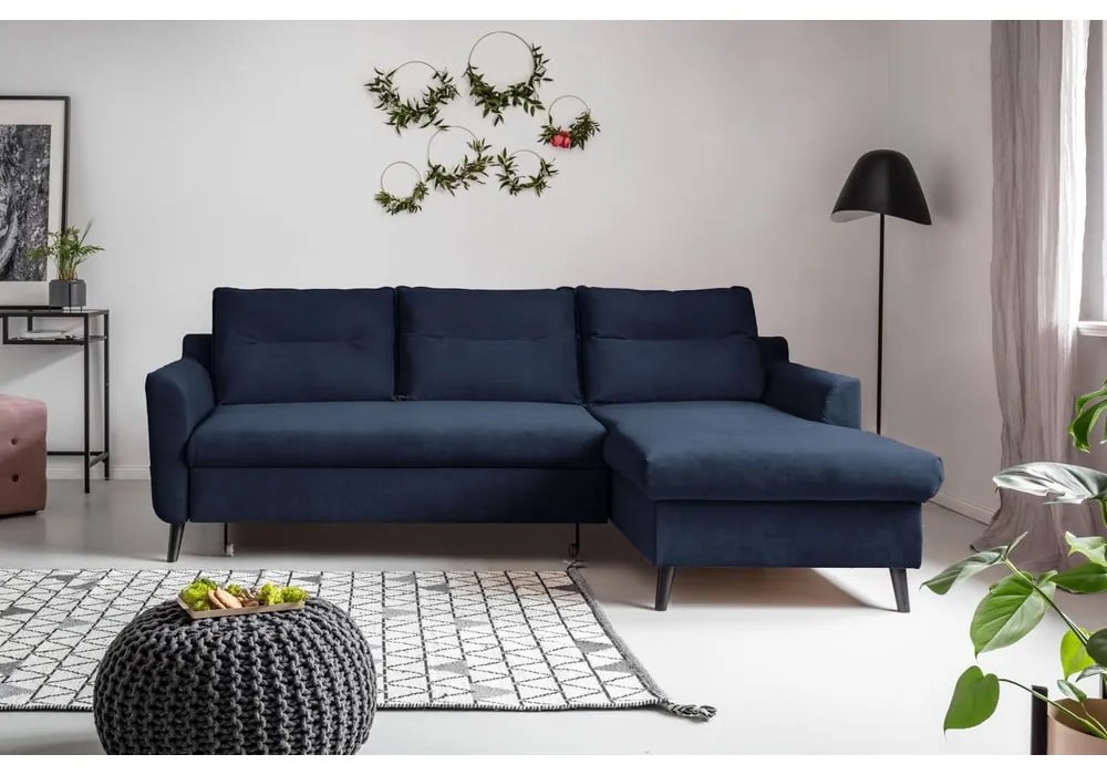 Divano letto angolare in velluto blu scuro, angolo destro Stylish Stan - Miuform