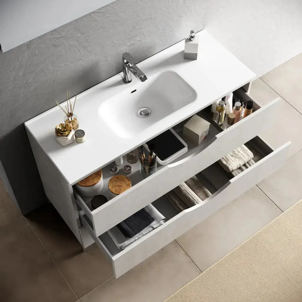 Mobile Bagno Sospeso Effetto Pietra 80cm Due Cassetti e Specchio con Lampada