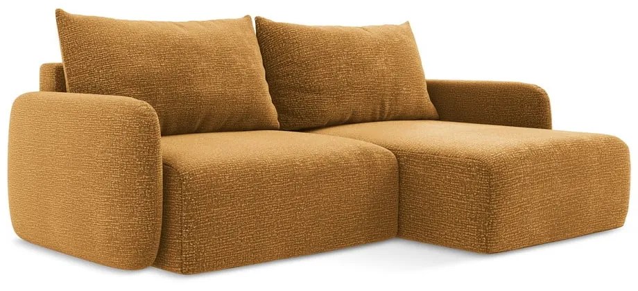 Divano angolare arancione allungabile/con contenitore (con penisola a destra) Kalena – Makamii